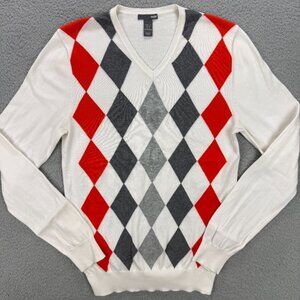 H&M Sweater Mens Small S White Orange Argyle Diamond V Neck Knit Vintage Y2K